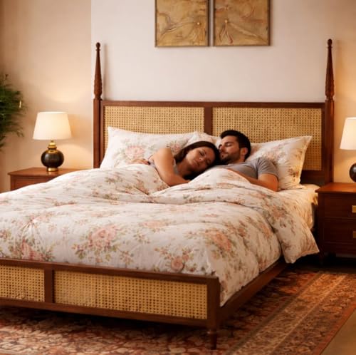 Image of JANGHU FURNITUREWALA Wooden /Rattan /Cane /Poster Queen Size Bed Without Storage -Sheesham Wood -King Cot -Palang -Bed Stylish Bedroom Furniture /Hotel Furniture(Ciao Bella, Honey Finish) Rattan /Cane Bed