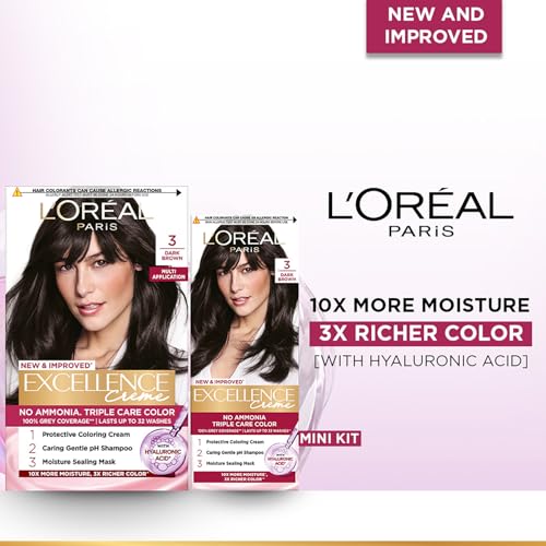Image of L Oreal Paris Excellence Triple Care Hair Colour Cream, 25Ml + 25G - 3 Natural Darkest Brown (Pack Of 1)