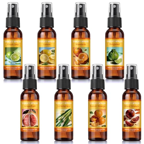 Image of 8 Pcs Toilet Spray Bathroom Odor Eliminator 2oz Air Freshener,Brown,Fruit | Lime, Lemon, Bergamot, Mandarin, Lemongrass, Grapefruit, Sweet Orange, and Blood Orange.
