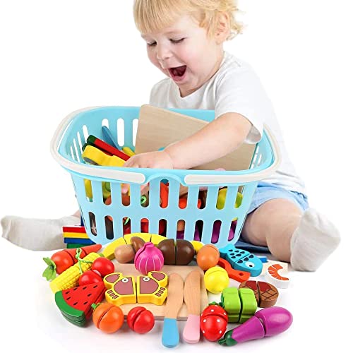 25 Stück Küchenspielzeug für Kinder aus Holz, Kinderküche Zubehör, Schneiden Obst Gemüse Lebensmittel Holz mit Klett…