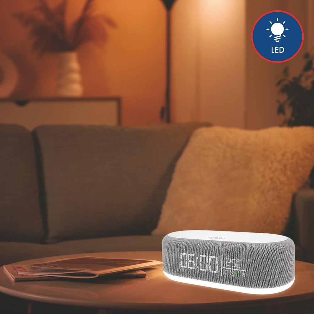 Nasa SPC400 Sveglia Bluetooth 5.0 con 2 Altoparlanti Stereo 5W RMS, Ricarica Wireless 15W, Doppio Allarme, Luce LED 3W, USB-C, Bianca/Grigia