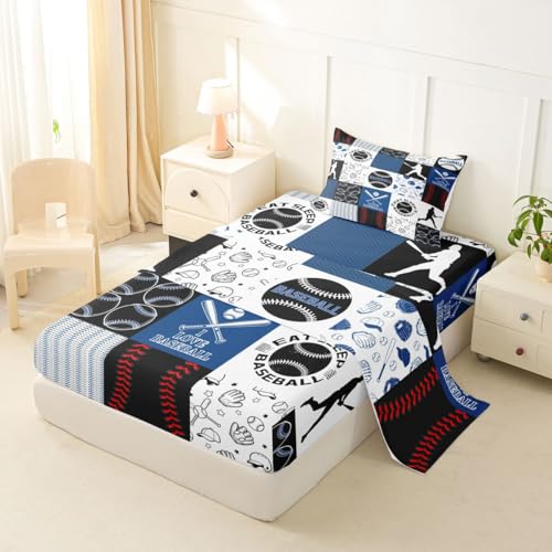 Image of Castle Fairy Baseball Bed Sheet Set Twin Size,Sports Geometric Grid Blue Sheet Set Kids Teens,Patchwork Baseball Bedding Decor Set with 1 Flat & 1 Fitted Sheet with 1 Pillow Sham