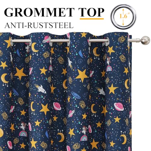Image of Navy Blue Star Moon Theme Blackout Curtains 84 Inches Long for Boys Bedroom