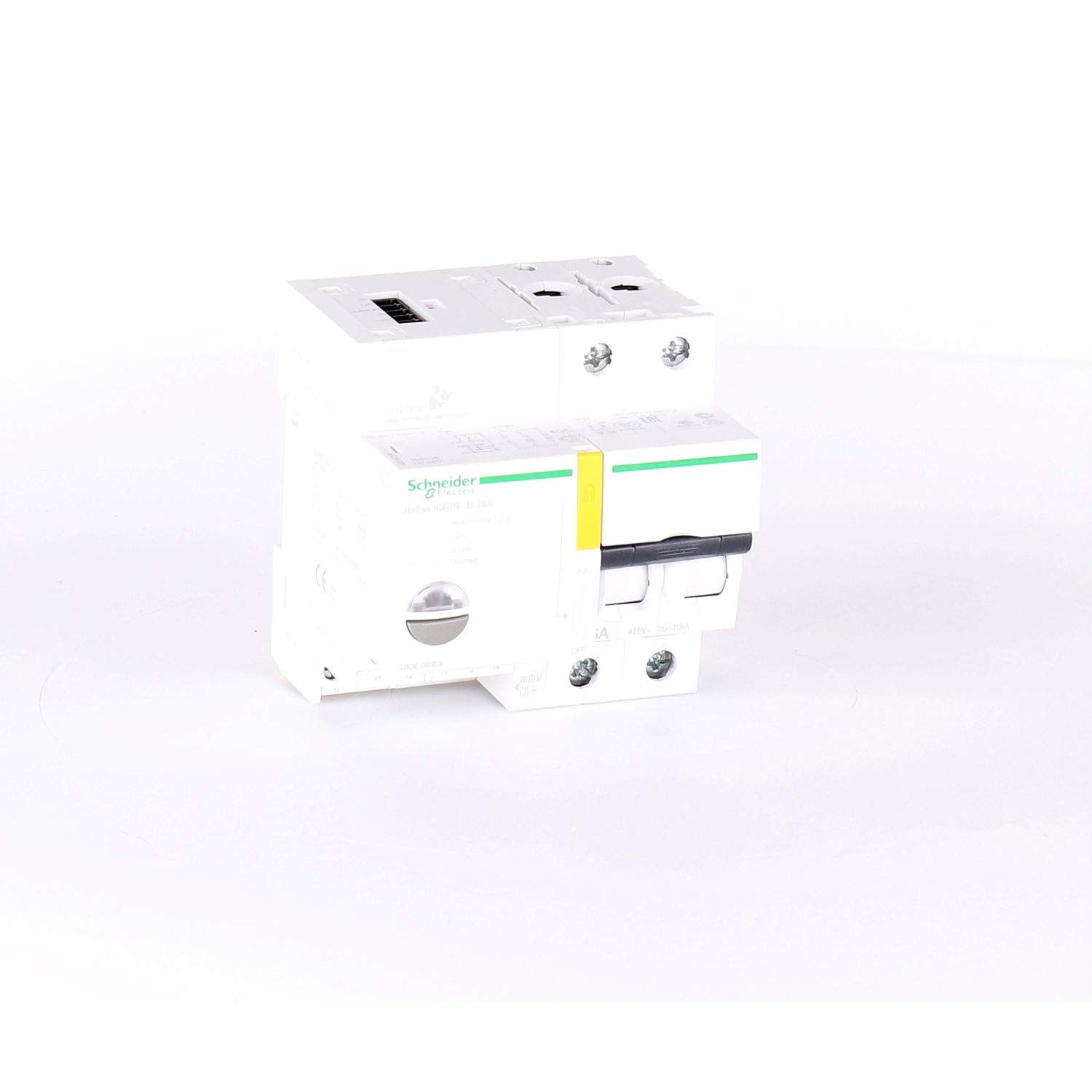 Schneider Electric A9C61225 Reflex iC60N Interruptor Automático con Telemando, Ti24, 25A, 2P, Curva B, 84mm x 81mm x 77mm, Blanco