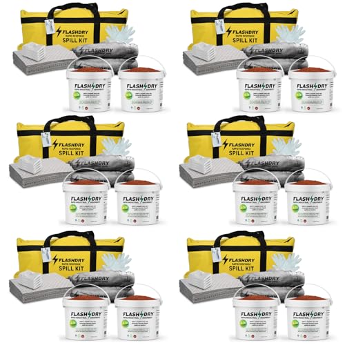 Image of FlashDry Portable Universal Spill Kit - Set of 6 - Yellow Duffle, Bag Tag, 15 Absorbent Pads, 2 3 inch x4' Sorbent Socks, Disposal Bags, Nitrile Gloves, 2 5L Buckets of 100% Organic Coir w /Dispenser Lid