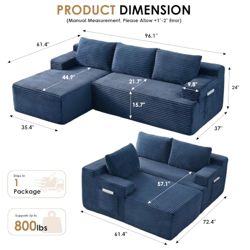 Image of 96 inch Sectional Couches for Living Room Cloud Couch Sofa with L-Shape Upholstered Boneless Couchs Modern Modular Sectional Couch with Chaise (Blue, 96 inch L Shaped with Left Facing Chaise)