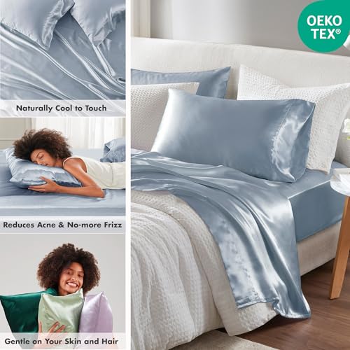 Image of Madison Park Essentials Satin Sheets Full Size Bed Set, 6 Piece, Blue | Luxury and Smooth Silky Bedding with Natural Sheen, All Around Elastic 14 inch Pocket fits up to 16 inch Mattress, Year-Round Cozy