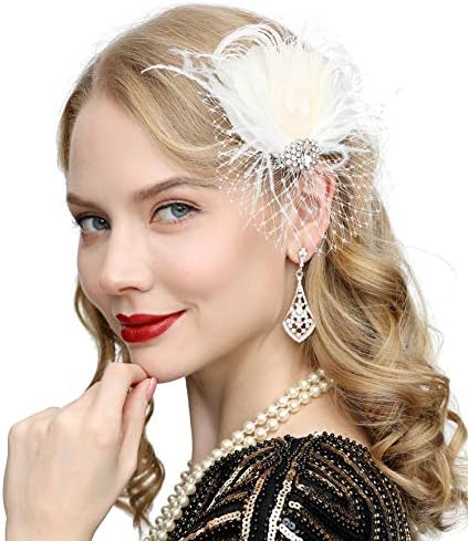 Cizoe Fascinators 20s Gatsby Flapper Acessories Art Deco Party Accessory Peacock Feather Headpiece(C-Ivory)