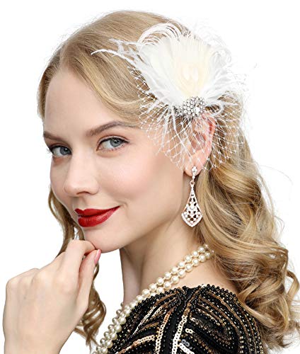 Cizoe Fascinators 20s Gatsby Flapper Acessories Art Deco Party Accessory Peacock Feather Headpiece(C-Ivory)