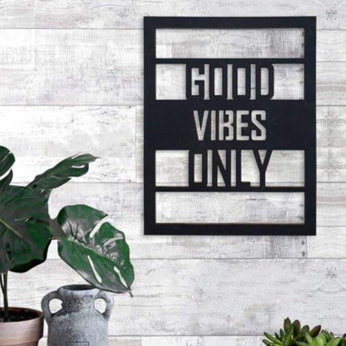 Image of STASH HOUSE Good Vibes Only MDF Wooden Wall Hanging | Motivational Quote Wall Decor for Living Room Bedroom Office | Black Laser Cut Wall Art (28 x 20 cm) (Rectangular)