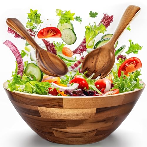 Tidita Acacia Wood Salad Bowl Set with Spoon, Fork - Large Salad Bowl with Serving Utensils - Big Mixing Bowl for Fruits, Salad, Pasta (12.2
