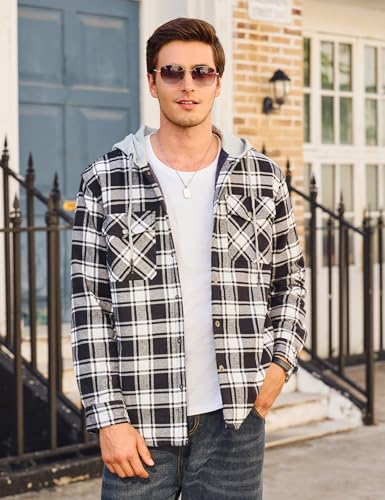 Cotrasen Mens Flannel Shirt Jacket Hooded Quilted Lined Warm Cotton Long Sleeve Plaid Shirt Jackets Button Shacket2