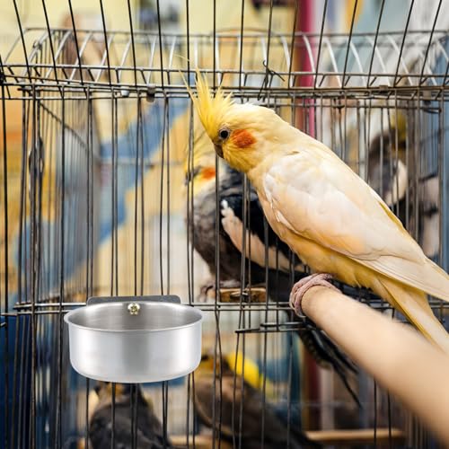 Wisebom 2 Stück Vogel Fütterung Näpfe, Edelstahl Papageien Fütterungsbecher Tierkäfig Wasser Futternapf Edelstahlnapf mit Halter Tierkäfig Wasser Futternapf für Vögel Papageien