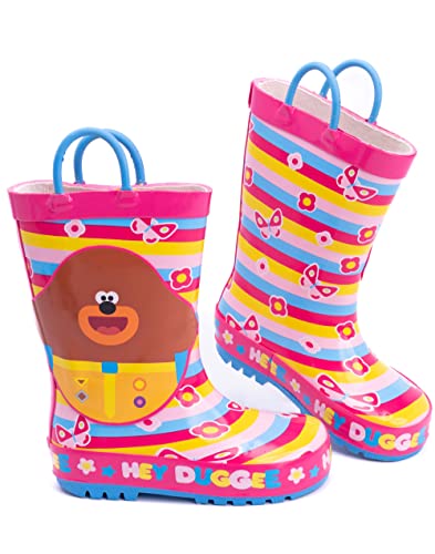 Girls Pink Rain Boots with Handles | Striped Waterproof Footwear for Outdoor Play | Easy Pull-On Design | Kids Cartoon Boots | Duggee Merchandise for Children