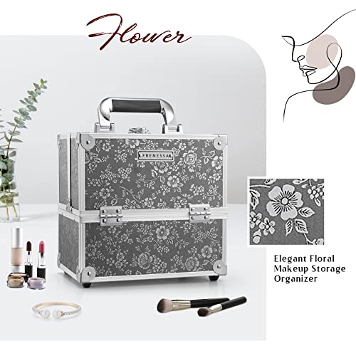 FRENESSA Makeup Train Case Portable Cosmetic Box Organizer Storage 4 Trays Aluminum Makeup Box with Divider Lockable Craft Train Case for Makeup Artist, Crafter, Makeup Tools Silver Floral - Thumbnail 5