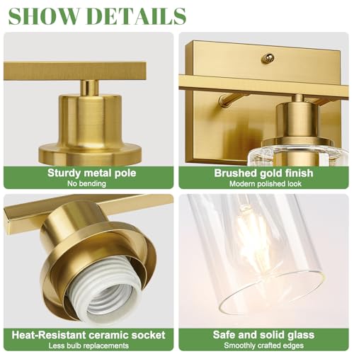 Image of MOKATNG 3-Light Bathroom Light Fixtures, Vanity Light with Clear Glass Shades, Brushed Gold Bathroom Light Fixtures Over Mirror, Modern Bathroom Wall Lamp for Mirror Living Room Cabinet Bedroom
