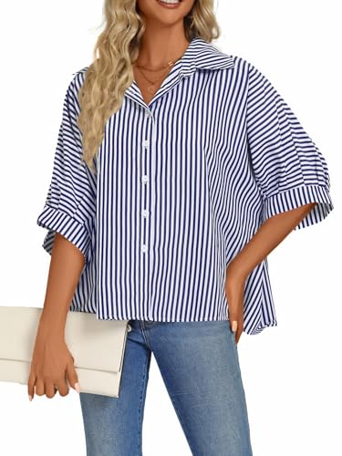 Vrtige Women's Casual Stripe Button Down Collar V Neck Half Sleeve Loose Blouse Shirt Top4