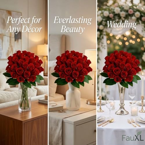 Image of Set of 24 Artificial Rose Flowers Bunches for Vase - Home Decoration Gift Items for Living Room Corner Table Top Bedroom Wedding (Pot Not Included) - 24 CM (Red)