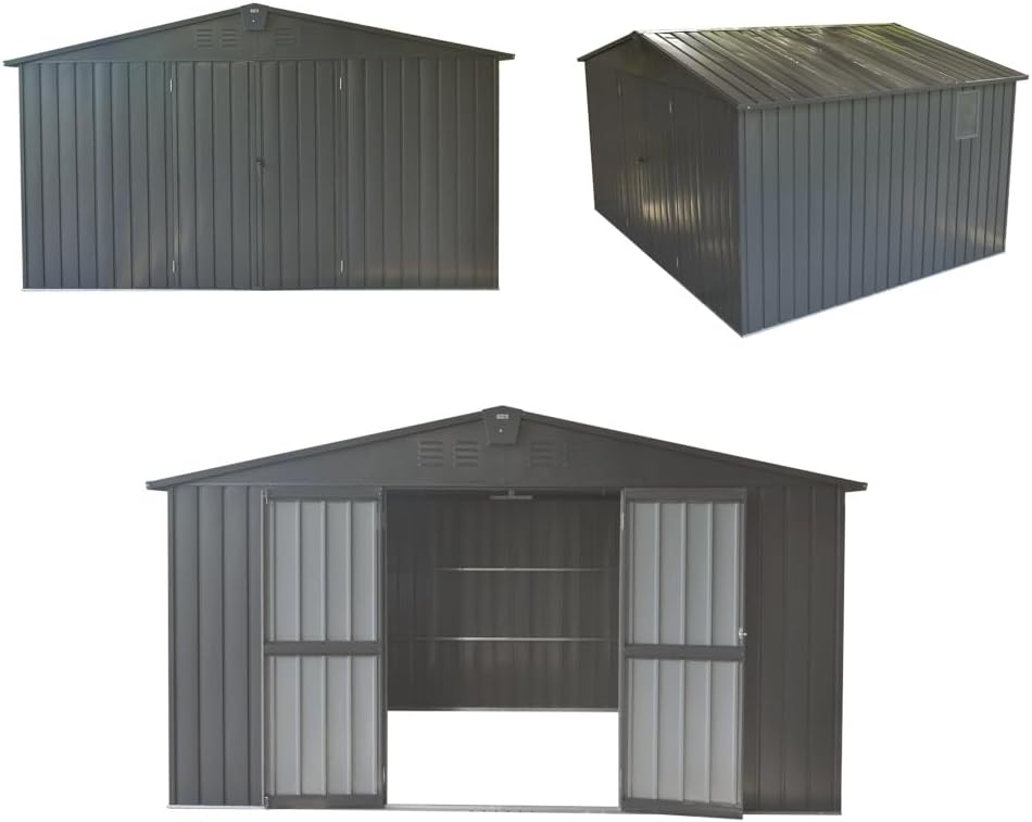 Dark Gray 11' x 12.5' Galvanized Steel Storage Shed with Windows and Lockable Double Doors, Outdoor Backyard Metal Utility & Tool Storage Room