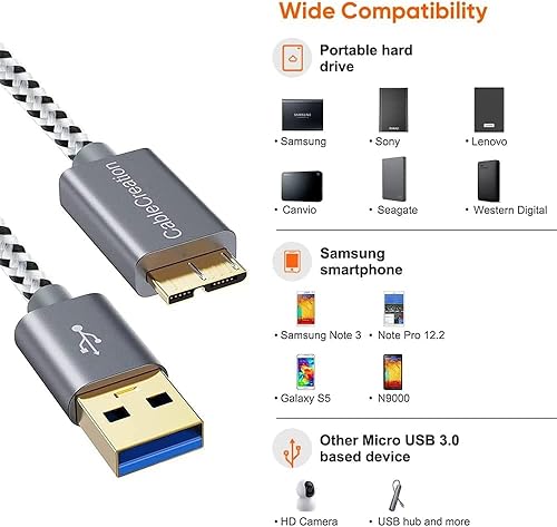 Miniatura 3 de CableCreation Cable corto USB3.0 para disco duro de 1 pie, USB 3.0 A a Micro B Cable de 5 Gbps de datos, USB 3.0 externo funciona para WD Toshiba,