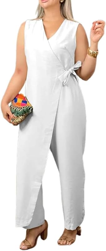 Womens Casual V-Neck Cross Strap Jumpsuit,Summer Sleeveless High Waist Wide Leg One Piece Outfits for Women Dressy