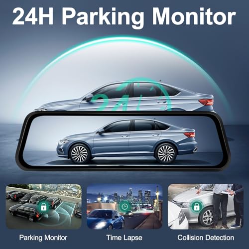 9.66 Inch Rear View Mirror Camera - 4K Mirror Dash Cam Front and Rear with 1080P Rear Camera - Full Touch Screen Mirror Camera for Car with Parking Monitor Night Vision + 64GB Card & GPS
