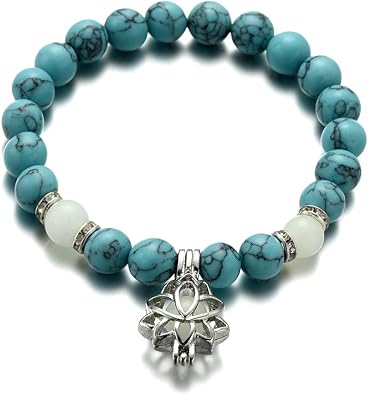 Luminous Glowing in the Dark Moon Lotus Flower Shaped Charm Bracelet for Women Natural Turquoise Stones Yoga Prayer Jewelry