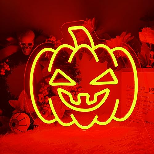 Image of Halloween Neon Sign - Pumpkin Neon Sign for Wall Decor with Dimmable Switch, Orange Pumpkin LED Light Up Sign Gift for Autumn Thanksgiving Halloween Decoration