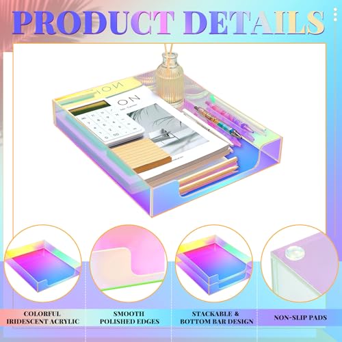 Maxcheck Iridescent Acrylic Letter Tray 2 Pcs 12.6 x 10.2 x 2.1'' Paper Tray Organizer Stackable Desk Supplies with Non Slip Rubber for Office Accessories Desk File Document Folder by Maxcheck - Used condition - Image 4