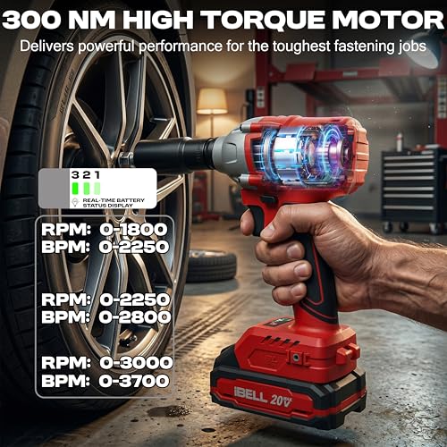Image of IBELL BW20-32, 20V, 1 /2 inch Brushless Cordless Impact Wrench Kit, 300Nm Torque, 1800-3000 RPM, 2250-3700 IPM, 2 Batteries, Sockets, Adapters, LED Light, Charger & BMC Box-12 months warranty