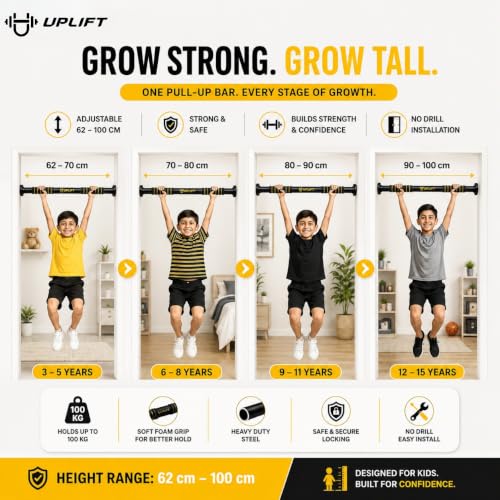 Image of UPLIFT Pull Up Bar for Kids | Doorway Hanging Rod & Chin Up Bar For Kids and Adults | No Screw Hanging Rod with Anti-Skid Foam Grip | Adjustable Heavy Duty Strength Training Gym Equipment (62-100cm)| 100kgs Capacity