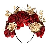 June Bloomy Day of the Dead Headpiece La Catrina Flower Headband Halloween Costume Halo Crown(Dark Red)