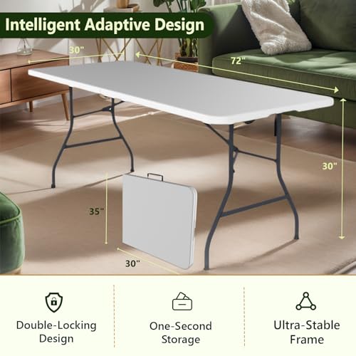 MAKE CHANGES Folding Table 6ft - Heavy Duty Plastic Table with Handle, Foldable & Portable, Fold-in-Half Utility Tables for Outdoor, Dining, Wedding, Events, Indoor, Picnic, Camping, Party (White)