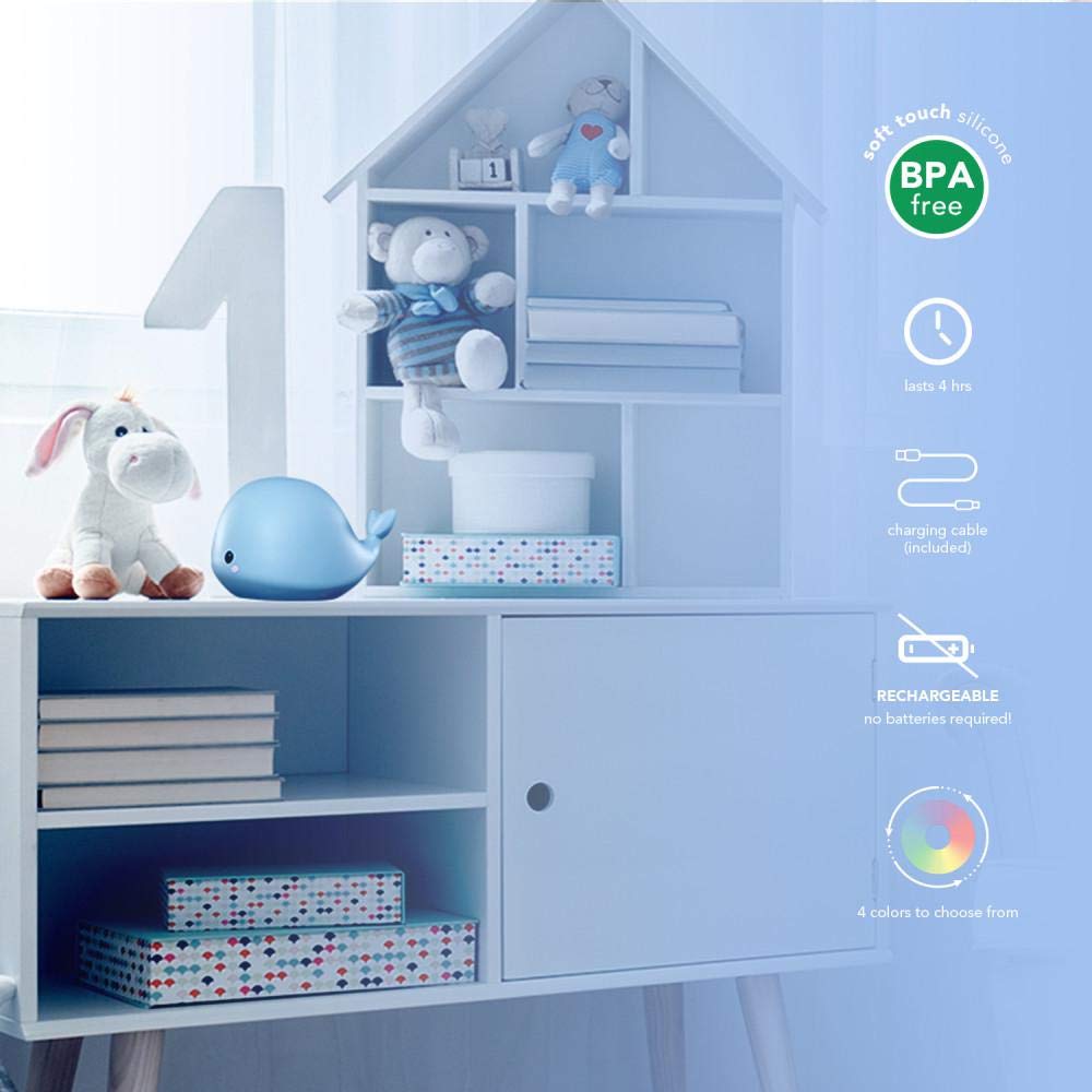 Wally Whale Blue Multicolor Changing Integrated LED Rechargeable Silicone Night Light
