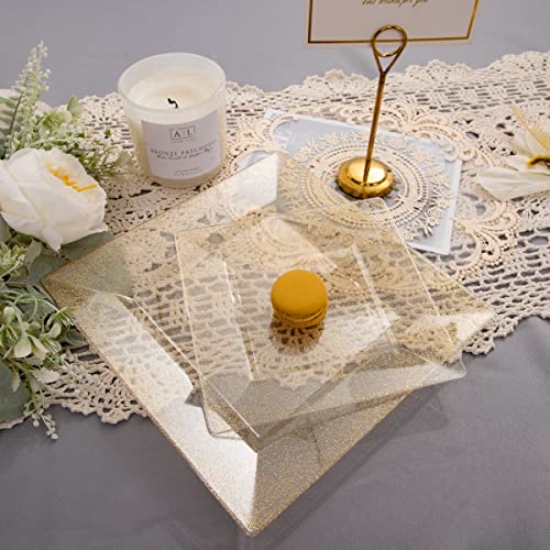 Liacere 60Pieces Gold Glitter Plastic Plates - Premium Gold Square Disposable Plates - Include 30PCS 9.5inch Gold Dinner Plates - 30PCS 7inch Gold Dessert/Salad Plates for Party&Wedding&Thanksgiving