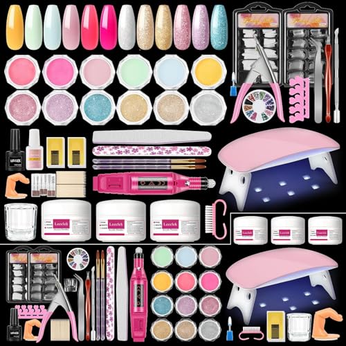 Leeclek Acrylic Nail Kit Nail Drill Set for Beginners with Glitter Acrylic Powders Nail Lamp Decorative Rhinestones Salon-Quality Nail Art at Home Perfect Gift for Nail Lovers