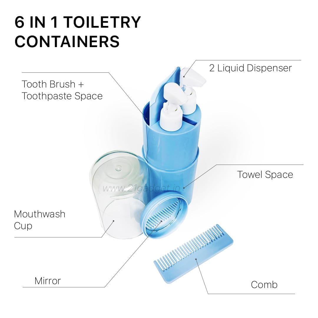 QAWACHH Portable Travel Toothbrush/Toothpaste Container Hard Plastic Case with 1 Cup; 1 Mirror; 1 Comb; 1 Shampoo and 1 Lotion Bottle Holder for Toiletries; Business Trips and Daily Uses Bottle 1