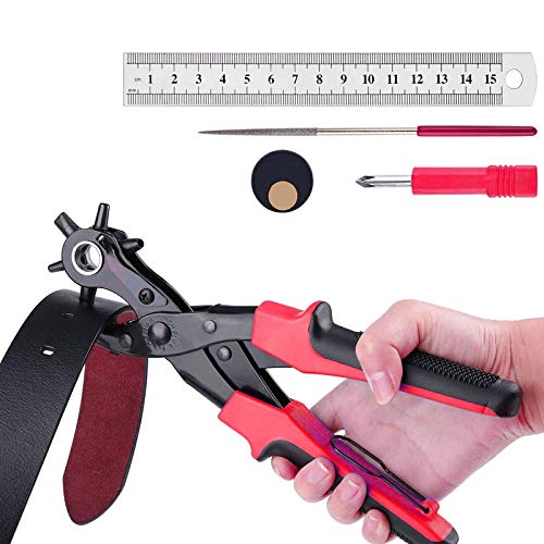 Leather Hole Punch, Heavy Duty Multi Hole Sizes Punch Plier Tool Kit Set for Belts, Watch Bands, Straps, Dog Collars, Saddles, Shoes, Fabric, Plastic, Rubber, DIY Home (Red Black Color)