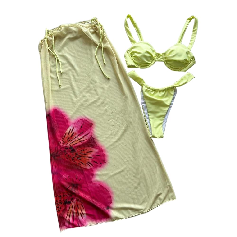 Materiałowy komplet bikini | Żółty strój kąpielowy bikini S/M/L w kwiaty