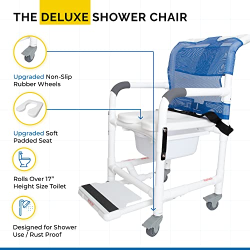 Deluxe Rolling Shower Chair With Drop Arms, Padded Seat, Non-Slip Locking Casters, Seat Belt, Slide Out Footrest And Commode Pail. 300 Lb. Capacity, Fits Over Standard Toilet. Institutional Grade-Dl-1 #TOP1