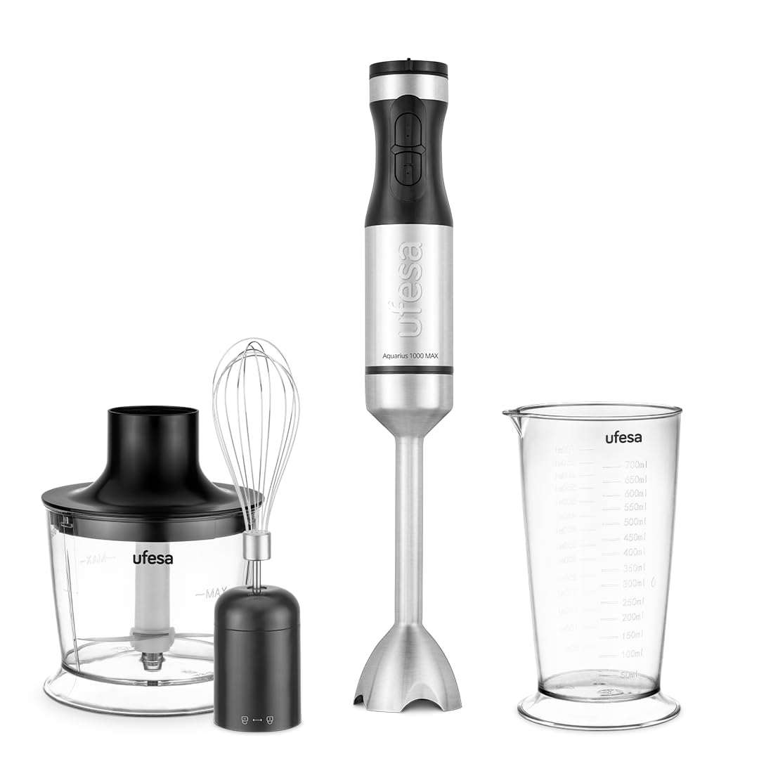 Ufesa Blender nurkowy Aquarius Max 1000 W, funkcja turbo, zmienna regulacja prędkości, 4 wysokowydajne ostrza, zdejmowana stopka ze stali nierdzewnej, ochrona przed rozpryskami, szklanka 700 ml
