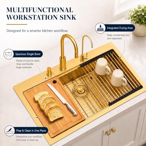 Image of LQS Gold Kitchen Sink 33x22, Gold Drop In Kitchen Sink with 3 Holes, 33 Inch Large Top Mount Stainless Steel Handmade Sturdy 16 Gauge T304 with Abundant Accessories, R10 Round Corner