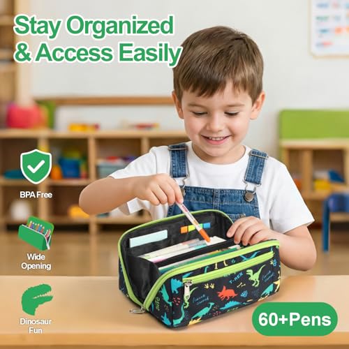 Image of Large Pencil Case for Boys, Durable Kids Pencil Pouch for School, Wide Opening Soft Bag with Handle, Fits 50 Pens & Markers (Black Dinosaur)