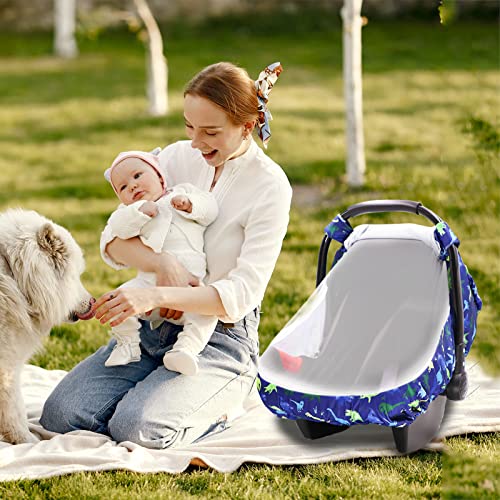 Image of Breathable Baby Car Seat Cover, Extra Large Mesh Window for Summer, Lightweight Infant Windproof Canopy, Must-Have Baby Gift, Dinosaur