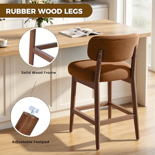 Image of Counter Height Bar Stools Set of 2, Mid-Century Modern Boucle Bar Chairs with Solid Wood Frame, Fluffy Upholstered Stools with Backrest for Kitchen Island, Home Bar, Caramel Brown
