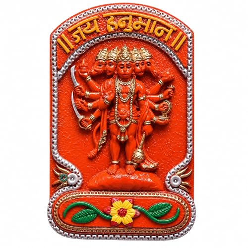 Image of Sindoori Panchmukhi Hanuman Wall Hanging Idol for Home Decor | Marble Dust Hanuman Ji Murti for Pooja Room Temple Entrance Vastu Gift | Orange Glossy Finish
