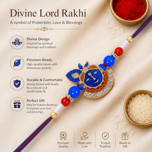 Image of Riddhika Ventures Religious Gold Plated Meenakari Sacred Ganesha Rakhi with Roli Chawal and Greeting Card