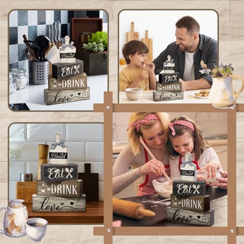 Image of Moucuny 4 Pcs Farmhouse Kitchen Decor Wooden Plate Farmhouse Table Decor Black Brown and White Plate Tableware Centerpiece Rustic Decorative Plates Block Sign for Display Cabinet Kitchen Decoration