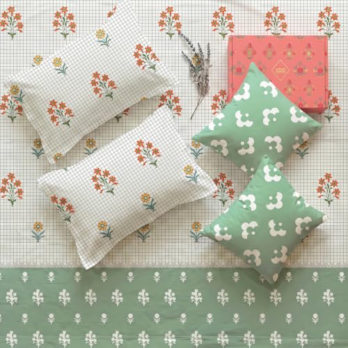 Image of Urban Space Festive Gifting Set - 100% Cotton Double Bedsheet with 2 Pillow Covers and 2 Cushion Covers, Bedsheet Set in Gift Box, 90 x 100 Inch, Magnolia Green| Diwali, Festive & Housewarming Gift