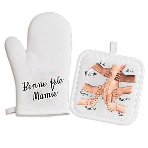 Duo Manique et Gant de Cuisine Personnalisés – Cadeau Mamie ou Papy – Empreintes et Prénoms des Petits-Enfants – Fête des Grands-Parents, Anniversaire, Noël – Expédition 24H